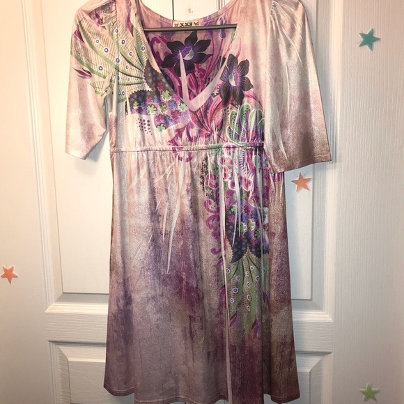 FAIRYCORE SPARKLY WHIMSIGOTH FLORAL SILKY SHIMMER V NECK DRESS - Picture 8 of 8